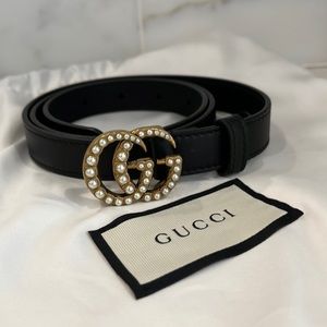 Gucci Leather Belt with Pearl Double G Buckle Black